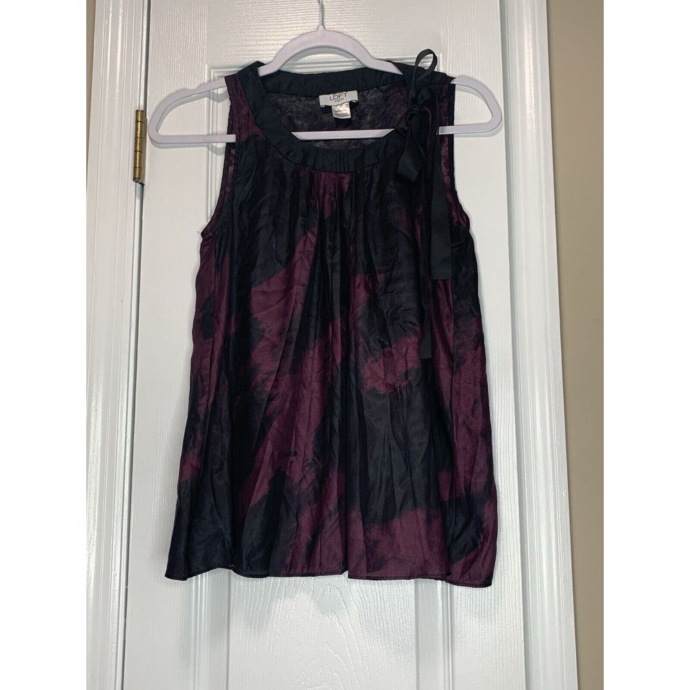 Womens Loft Ann Taylor XS Petite Sleeveless Blouse Purple Black Ribbon Bow